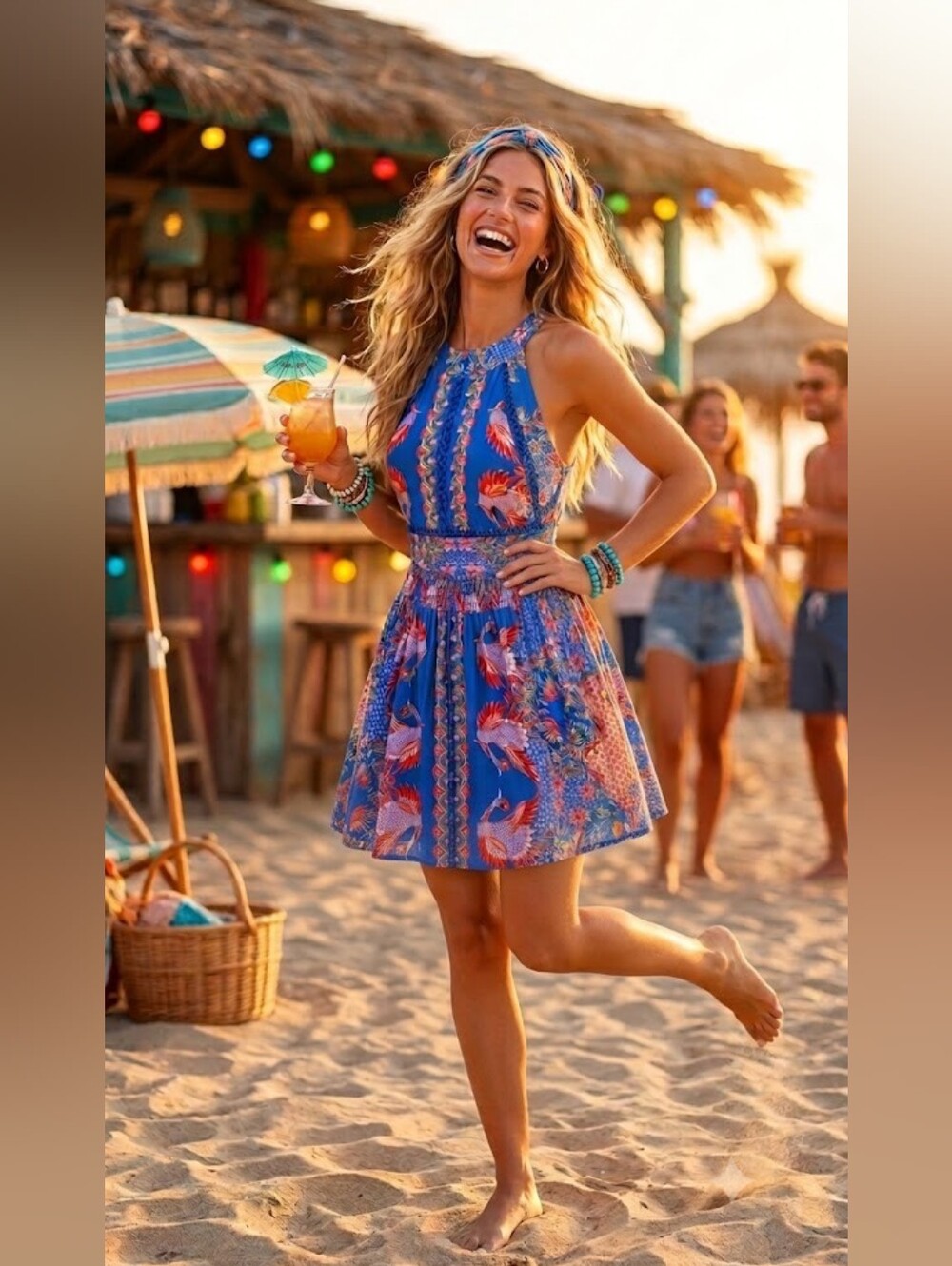 Jaase Boho Tropical Halter Mini Dress Smocked Festival Summer XS Dopamine Drip